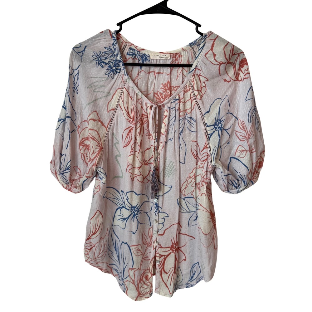 Lovestitch Floral Dobby Blouse Pink Blue Tassel Tie Boho Puff Sleeve Small